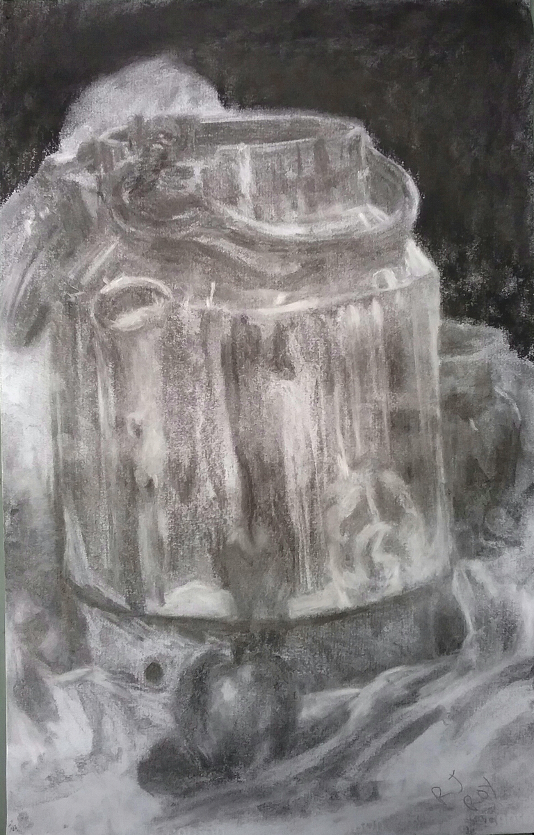 A Milk Jug in charcoal. An apple is reflected down its surface in streaks.